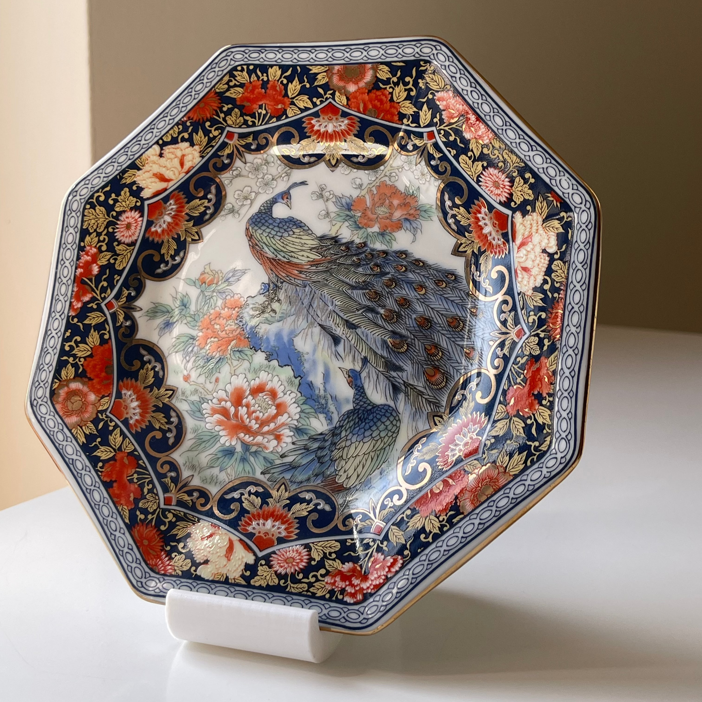 Kutani-Style Octagonal Plate - Dipped Edge with Peacock & Floral Detailing