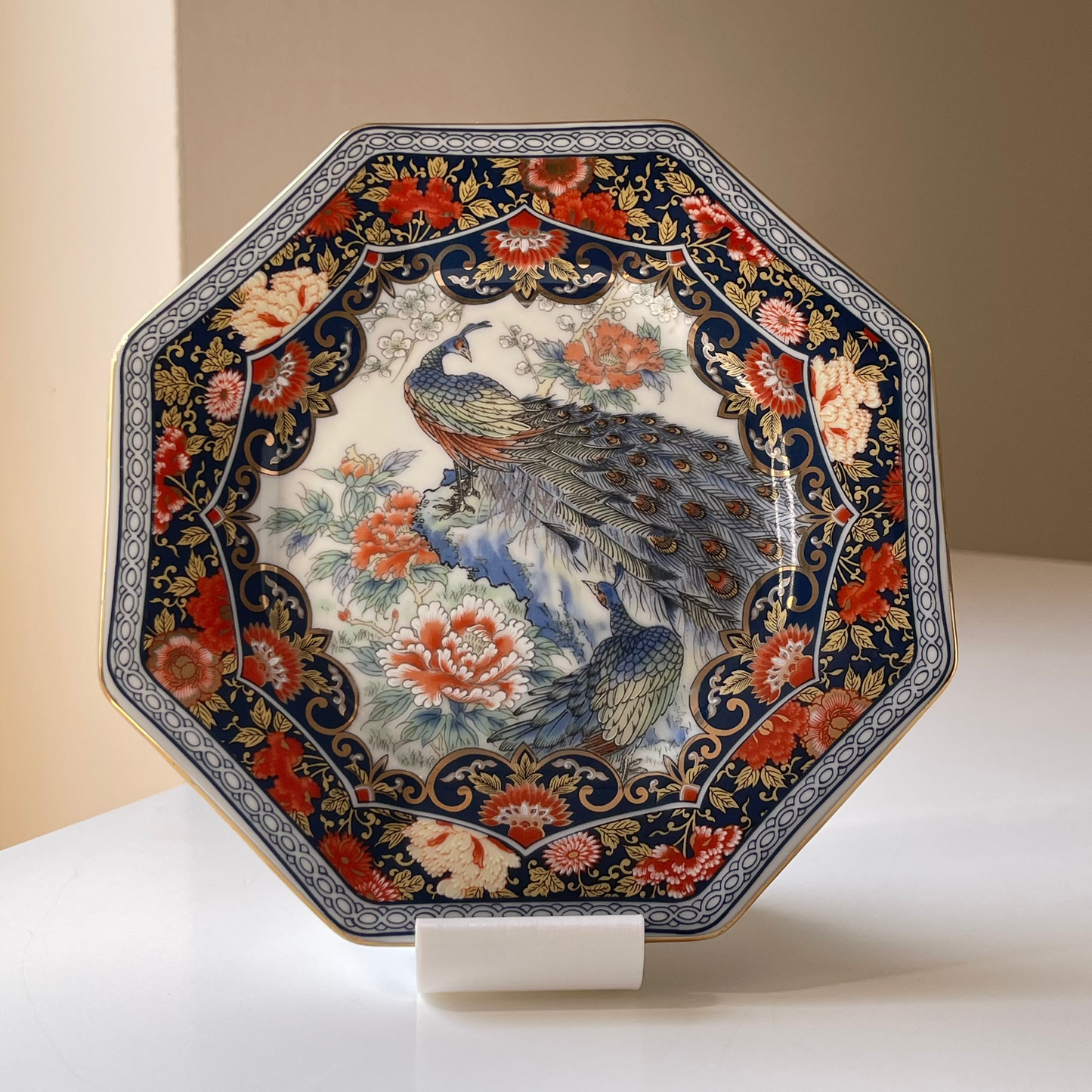 Kutani-Style Octagonal Plate - Dipped Edge with Peacock & Floral Detailing